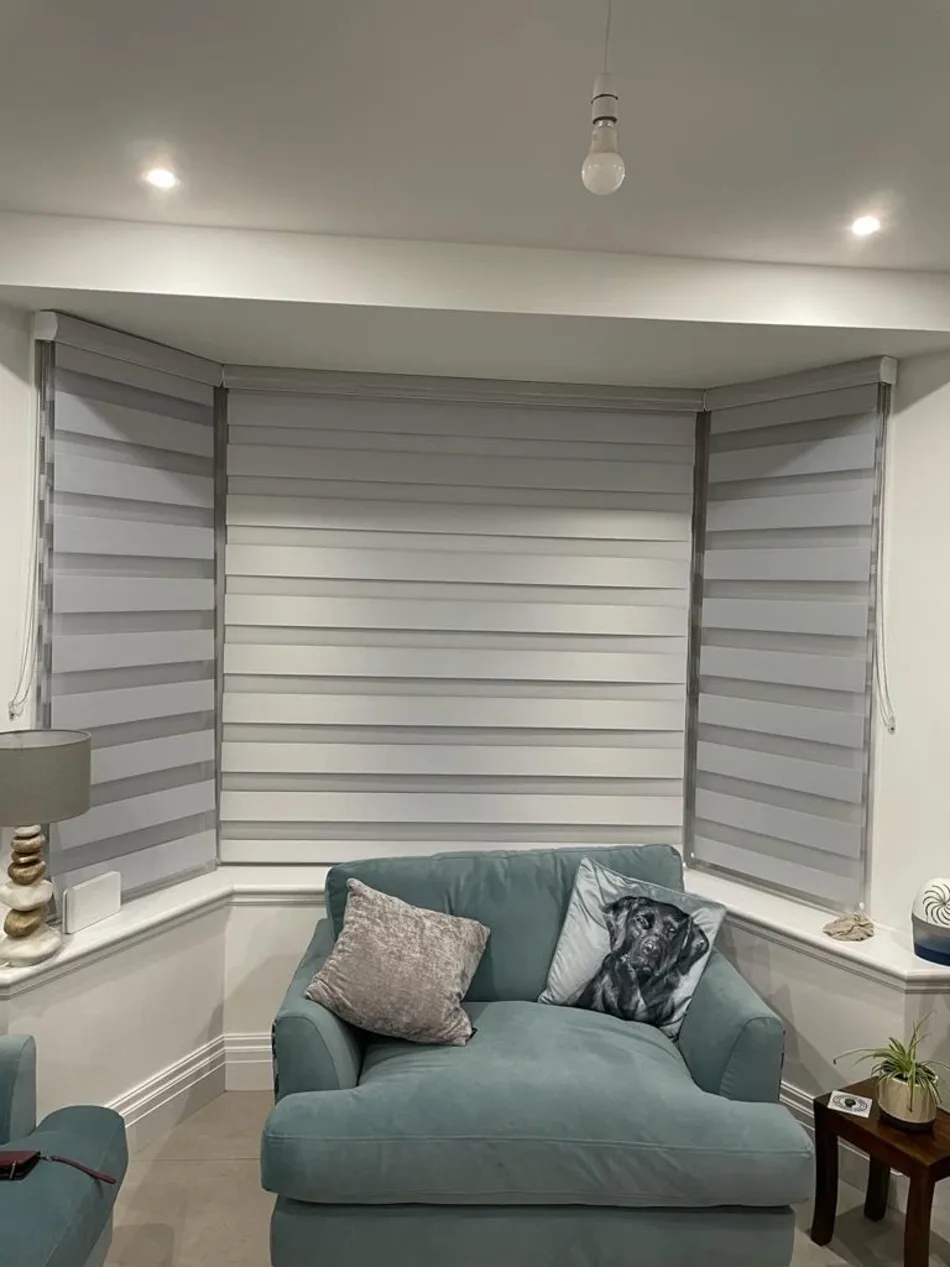 Grey vision day and night blinds in a bay window